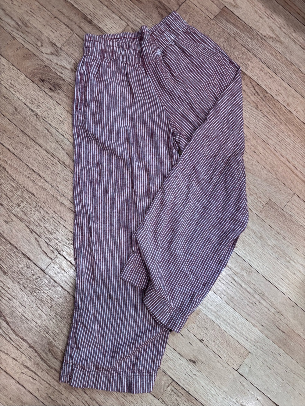 Striped Linen Blend Elastic Waist Wide Leg Pants - Burgundy/White
